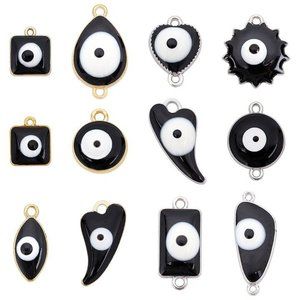 24pc Evil eye charm and charm link set - black and white - gold and silver